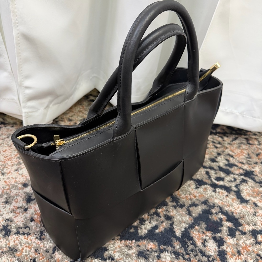 Valentina Fiore Black Smooth Italian Leather Woven Top Handle Satchel Bag - Picture 5 of 16